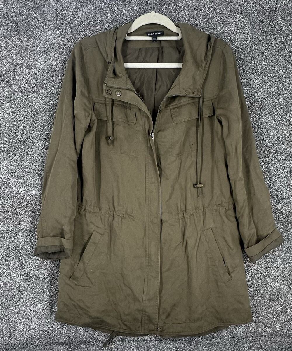 Eileen Fisher Army Green Drawstring Waist Hooded Jacket Fully Lined Size S